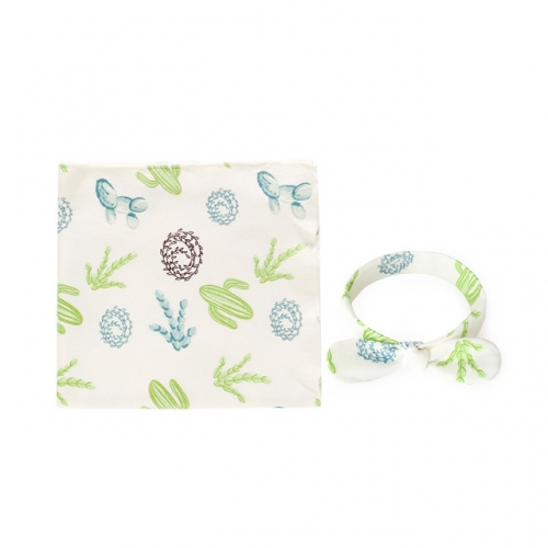100% Cotton Swaddle Blankets and Headband Set,Receiving Blankets and Fancy Hairband for Infant, 90x90cm