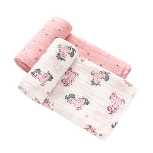 Muslin Unicorn Swaddle Blankets 2 Pack, 100% Cotton Swaddle Wrap,Toddler Quilt 47''x 47''