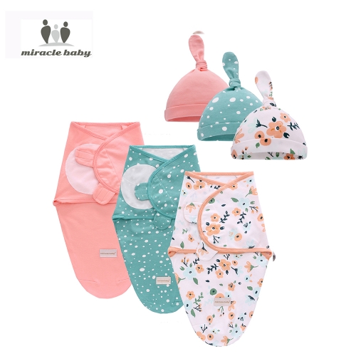 Miracle Baby Swaddle Set with Hat 3 Pack Plain Muslin Swaddle Wrap Set