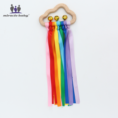 Miracle Baby Wood Cloud Hand Rattle, Rainbow Ribbon Teething Sensory Toy for Newborn Infant 0-12 Months